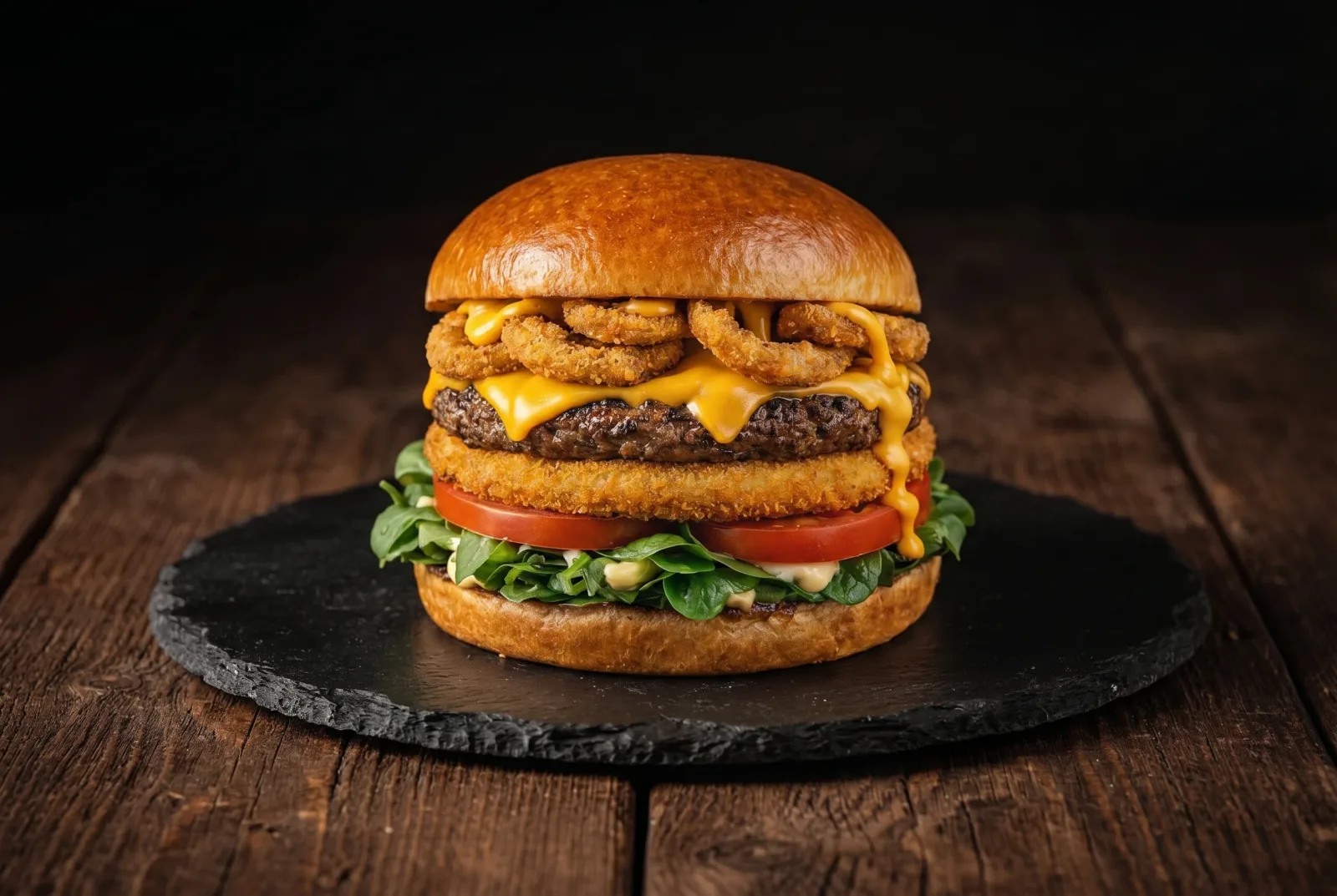 Cheddar King Burger - marhahúspogácsa cheddar sajttal, sajtkoronggal és hagymakarikával